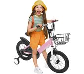 Bicicleta infantil de 14 pulgadas, para niñas/jóvenes, con cesta, ruedas estabilizadoras, freno de mano, timbre y neumáticos