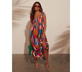 2025 new vacation style printed sleeveless lace up color blocked mid length dress