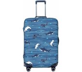 Sharks on White Blue Striped Luggage Cover Washable Elasticated Luggage Covers for Suitcase tsa Approved Stylish Dust and Scratch Resistant Luggage Case Protector for Kids and Adults