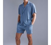 2024 Summer Fashion Casual Solid Dark Blue Short sleeved Shirt Shorts Two piece Men's Set