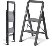 peldaños Plegable de Aluminio, Escalera Doméstica Estrecha con Pasamanos, Mecanismo Antiplegado, Uso Hogar Cocina Despensa Oficina, Ahorro de Espacio y Portátil, Plata