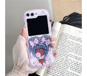 Korean Cute Flower Tulip Cat Girl Wave Transparent Case with Bracelet for Samsung Galaxy Z Flip5 Z Flip 5 Zflip 5 Flip5 Cover