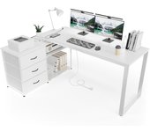 140x105cm Escritorio Esquinero Reversible,Mesa de Ordenador con 3 Cajón,Estante de Almacenamiento,Escritorio en L con 2 Puerto de Carga USB y 2 Enchufes para Oficina en Casa Blanco