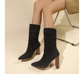 Women's Mid Calf Boots Casual Black Pointed Toe Chunky Heel Comfort Cowboy Knee Boots