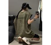 Men's green velvet military vest, large sleeveless T-shirt, brand to fashion, American couple sportswear, summer top
