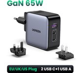 UGREEN Nexode 65W GaN Travel Charger, Worldwide All-in-One Adapter (US/EU/UK), 3-Port Fast Charging, PD 3.0, Compatible with MacBook Air, iPhone 16/15 Pro, Galaxy S24, Steam Deck
