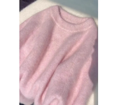 Suéter de punto de Mohair suave rosa para mujer, abrigo de Jersey de cuello redondo Simple de Color sólido, otoño e invierno