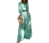 Women's casual 2 pieces set elegant turn down collar long sleeve shirt and wide leg pants