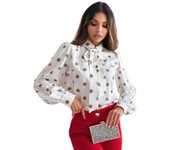 Elegant Stylish Women's Bow Tie Shirt, Fashion Printed Long Sleeve Blouse, Button-Up Tops for