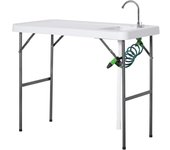 Mesa Plegable de Picnic Multifuncional con Fregadero Grifo y Pistola de Riego Extensible para Balcón Jardín Camping Barbacoa Exterior Metal 114,5x59x94,5 cm Blanco