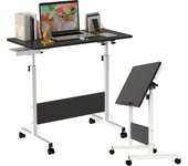 Rcynview Mobile office side table adjustable in height from 64 to 89 cm, folding table with 4 lockable wheels, side table for sofa, room, made of wood. Rolling table for bed or sofa, 80x40x64-89cm