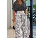 Women casual 2 pieces set elegant v neck short sleeve tops and print wide leg pants