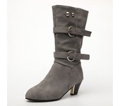 New Korean Style Thick Heel Mid-calf Boots with Belt Buckle in Autumn and Winter