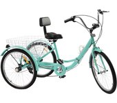 Triciclo de 24 pulgadas para adultos, verde claro, bicicleta plegable de 3 ruedas, bicicleta de 7 velocidades, con luz delantera