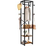 Perchero, Perchero de pie con 3 Estantes y 8 Ganchos, Escalera con Barra Colgar Ropa, Colgador Metálico para Gorros, Bolsas, Marrón Rústico y Negro TMJ088H