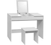 Juego Tocador de Maquillaje con Taburete y Espejo Plegable, Mesa Maquillaje de Madera de Alto Brillo, 100x45x76cm, Escritorio Tocador Moderno para Dormitorio