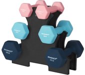 Juego de mancuernas, 3 pares, 2 x 1 kg, 2 x 2 kg, 2 x 3 kg, soporte de almacenamiento, gimnasio y musculación, revestimiento de neopreno antideslizante