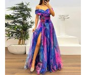 2025 Casual Pleats Women's Long Dresses New Summer Mesh Printed Lady Evening Fashion Strapless Slim Fit Split Party Dress