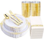 175 Piezas Reutilizable Vajilla de Plástico de Blanco y Dorado, 25 Platos Llanos, 25 Platos Ensalada, 25 Cuchillos, 25 Tenedores, 25 Cucharas, 25 Vasos, 25 Servilletas para Boda Garden Party