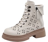 2025 nuevas botas huecas de cuero Martin plataforma para mujer versión coreana cremallera de doble cara botas de cuero para mujer zapatos casuales con cordones