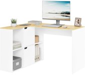 Escritorio Oficina, 100cm, Mesa Escritorio, Escritorio L de Doble Tablero, Escritorio con Estantería de 6 Compartimentos, Mesa PC Ordenador para Estudio Oficina Dormitorio, Blanco