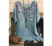 Women T Shirt Floral Printed Plus Size Top Flax Casual Loose Crew Neck Spring Summer