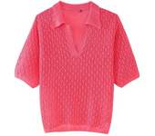 suéter de manga corta para Mujer, Jersey holgado de malla Jacquard con cuello tipo Polo, Tops elegantes de punto