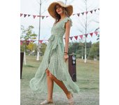 Women Floral Dress Long Bohemia Vintage Split Sleeveless Beachwear Tunic Skirt Rayon V neck Spring Summer  blue