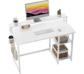 Escritorio de Ordenador con Soporte de Monitor, Escritorio de Oficina con Estantes de Almacenamiento Ajustables, Pequeño Escritorio Reversible para el Estudio, Blanco