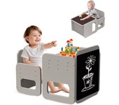 2 en 1 Conjunto de Mesa y Silla Montessori para Niños, de Madera Ajustable con Pizarra, Ideal para Actividades y Dibujo, Blanco