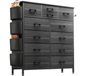 Bedroom with 12 Drawers, Tall Dresser Chest of Drawers with Side Pockets and Hooks, Fabric Dresser Storage Tower for Closet, Hallway, Living Room (Rustic Brown)