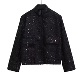 Suninheart Women's Sequined Bomber Jacket Fall O Neck Long Sleeve Pocket Stretch Hem Sequins Jacket Coat Female Chic Outerwear