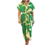Women Elegant Long Dresses Lapel V Neck Short Sleeve High Waist Office Long Maxi Green S