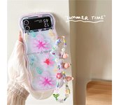 Korean Cute Simple Colored Lines Transparent Flowers Case with Bracelet for Galaxy Z Flip 5 Z Flip5 Flip4 Zflip3 Zflip3 Cover