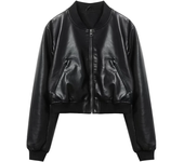 Women's Street fashion Faux Leather Bomber Jacket Stand Collar Black Short Leather Coat