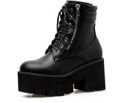 Gdgydh Fashion Zipper Combat Boots For Women High Platform Motorcycle Boots Chunky Heels Lacing Round Toe Comfort Daugther Shoes