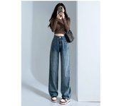 Black velvet high waisted wide jeans for women's autumn and winter new style, small, loose, slim, straight leg floor pants