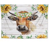 Farm Animal Cow Decor Tapestry Wall Hanging Funny Animal Cow Cattle and Sunflowers on Vintage Rustic Wood Tapestry for Living Room Bedroom Dorm Wall Hanging Blanket Home Decor, 60x40 inches
