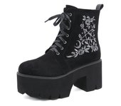 Gdgydh Goth Flower Platform Boots Chunky Punk Suede Womens Gothic Shoes Nightclub Lace Up Back Zipper Combat Boots Lug Sole