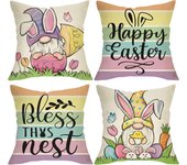 Happy Easter Bunny Gnome Decorative Throw Pillow Covers 18 x 18 Set of 4, Bless This Nest Rabbit Ears Eggs Porch Outdoor Home Decor, Carrot Tulip Flower Colorful Stripes Couch Cushion Case