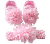 Cute Satin Cloth Flower Princess + Headband Set - Soft Sole Toddler Walking Shoes for Baby Girls 0-18M