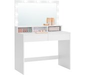 VASAGLE Tocador, Mesa de Maquillaje con Espejo y Luces LED con Brillo Ajustable, 2 Cajones y 3 Compartimentos, Moderno, Blanco Nube RDT120T10
