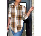 Plus Size1XL-5XL Fashion Polo Collar Long Sleeved Women's Checkered Print Casual Loose Comfortable Shirt