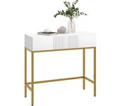 Mesa Consola Moderna Mesa de Entrada con 2 Cajones y Patas de Acero Dorada Antivuelco Mueble de Recibidor para Salón Pasillo 80x31,5x75 cm Blanco