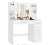 Tocador, Tocador de Maquillaje con Luces y Espejo, Tocador de Maquillaje con Toma de Corriente, Tocador de Maquillaje con 4 Cajones, 4 Estantes Abiertos, 5 Ganchos de Joyería para, Blanco
