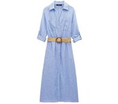 BUNO-Vestido camisero a rayas para mujer, plisado con cinturón, Midi, manga con vuelta, largo para playa, verano, 2025