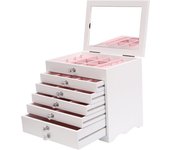 Joyero grande de 7 niveles con tapa de cristal, 5 cajones, color blanco, caja de joyería para pendientes, collares, relojes