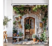 Italian Street View Shower Curtain Green Vine Red Rose Windowsill Outdoor Plant European Bathroom Decor Polyester Bath Curtain