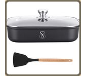 Bandeja de horno antiadherente gas e inducción | plato para asar asadera profesional lasagnera gourmet con tapa de cristal aluminio super anti adherente acero y piedra (34CM)