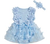 Pudcoco Baby Girls Summer Romper Dress Sleeveless Round Neck Floral Embroidery Butterfly Tulle Jumpsuit with Bow Headband
